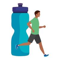 man afro loopt met achtergrond van fles plastic drankje, mannelijke afro atleet met hydratatie fles vector