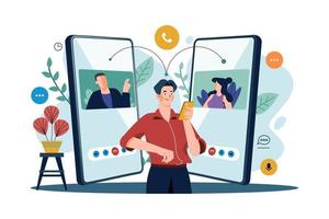 vrienden chatten samen Aan sociaal media Aan smartphones. vector