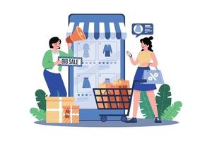 meisje aan het doen online boodschappen doen Aan groot uitverkoop door smartphone vector