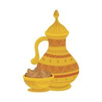 traditionele arabische plaat met dadelfruit en theepot, ramadan kareem-concept vector