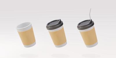 3d reeks van papier koffie cups met en zonder een rietje Aan een grijs achtergrond. vector illustratie.