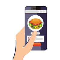hand met smartphone met hamburger vector ontwerp