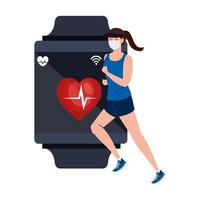 vrouw met maskersportkleding en smartwatch vectorontwerp vector