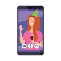 vrouw met feestmuts en wijnkop op smartphone vectorontwerp vector
