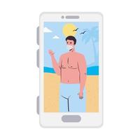 man met zwempak en masker op het strand in smartphone in videochat vectorontwerp vector