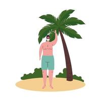 man cartoon met zwembroek en medisch masker bij strand vector design