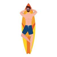 man in korte broek, liggend op de surfplank, zomervakantie seizoen vector