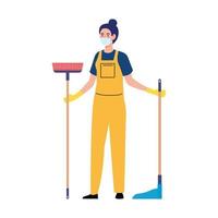 vrouw werknemer van schoonmaak service dragen medische masker, met bezem en huishouding picker, op witte achtergrond vector