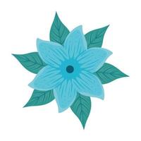 bloem blauwe kleur, met tropische bladeren op witte achtergrond vector
