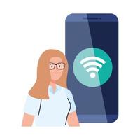 sociale media concept, vrouw met wifisignaal in smartphone vector