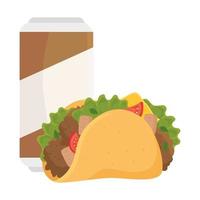 fast food, taco mexicaans eten met bier in blik, op witte achtergrond vector