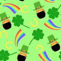 naadloos geklets voor Patrick dag. patroon met elf van Ierse folklore, ketel, regenboog, hoefijzer en klaver. vector illustratie.