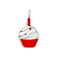 verjaardag zoet koekje met room en kaars. hand- getrokken viering nagerecht. een single lijn vector illustratie.
