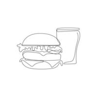 een lijn tekening van Hamburger en Frisdrank of cola drankje. snel voedsel cheeseburger. straat voedsel concept. hand- getrokken vector illustratie.