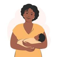 Afrikaanse Amerikaans vrouw is Holding pasgeboren baby. familie, Gezondheid, zorg, moederschap concept. vlak vector illustratie.