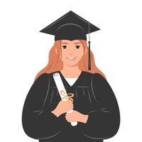 vrouw afstuderen middelbare school. gelukkig afstuderen leerling met diploma, vervelend een gewaad en een plein academisch kap. vlak vector illustratie Aan wit achtergrond.