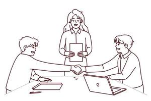 mensen handdruk dichtbij transactie Bij kantoor ontmoeting. glimlachen zakenlieden schudden handen maken overeenkomst Bij briefing. werk en vennootschap. vector illustratie.