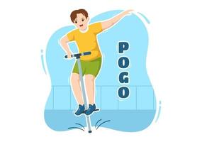 mensen spelen met sport springen pogo stok illustratie voor web banier of landen bladzijde in buitenshuis pret speelgoed- vlak tekenfilm hand- getrokken Sjablonen vector