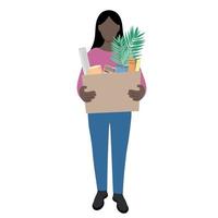 portret van een zwart meisje in vol groei met een groot doos in haar handen, een doos met persoonlijk bezittingen, vlak vector, geïsoleerd Aan wit, gezichtsloos illustratie, ontslag van werk vector