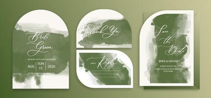 bruiloft boog uitnodiging kaarten groen waterverf stijl verzameling ontwerp. waterverf structuur achtergrond, brochure, uitnodiging sjabloon. vector