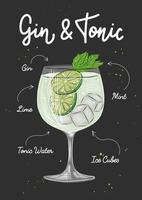 vector gegraveerde stijl gin en tonic cocktail illustratie voor affiches, decoratie, logo, menu en afdrukken. hand- getrokken schetsen met belettering en recept, drank ingrediënten. gedetailleerd kleurrijk tekening.