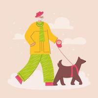 gelukkig ouderen Mens wandelen met hond in verkoudheid winter park. wandelen uw hond maand. buitenshuis werkzaamheid met huisdier. modieus vector illustratie in vlak stijl.