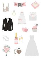 reeks van bruiloft elementen. bruiloft clip art voor opslaan de datum uitnodiging kaart, stickers en afdrukken vector
