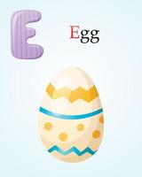 kinderen banier sjabloon met Engels alfabet brief e en tekenfilm beeld van versierd kip ei. vector