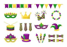 vector mardi gras tekenfilm elementen verzameling. geïsoleerd nieuw orleans carnaval elementen in Purper, groen en geel kleuren