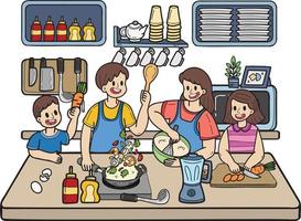 hand- getrokken familie Koken samen in de keuken illustratie in tekening stijl vector