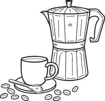 hand- getrokken koffiezetapparaat mokka pot en een kop van heet koffie illustratie in tekening stijl vector