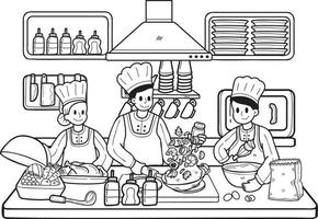 hand- getrokken chef is Koken in de keuken illustratie in tekening stijl vector