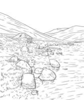 berg landschap met rivier- kant boot huis, hand- getrokken vector tekening