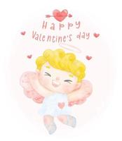 schattig waterverf gelukkig blij glimlach Cupido blond gekruld haar- jongen tekenfilm karakter hand- schilderen, gelukkig Valentijn groet kaart idee, illustratie vector