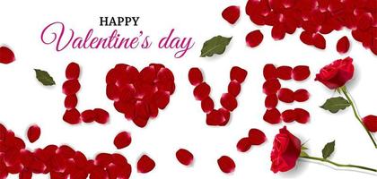 Valentijnsdag dag concept achtergrond. vector illustratie. versieren met rozen en roos bloemblaadjes het formulier de woord, liefde. schattig liefde uitverkoop banier of groet kaart.