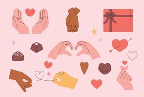 valentijnsdag dag. een verzameling van hand- gebaren uitdrukken liefde en koppels, chocolaatjes, harten, en geschenken. vector