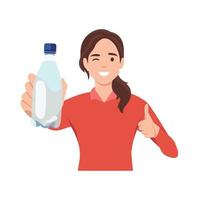 gezond jong vrouw tonen fles van mineraal water en geven duim omhoog. vlak vector illustratie geïsoleerd Aan wit achtergrond