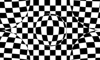 vervormd geruit patroon. optisch illusie vector achtergrond met zwart en wit schaak patroon