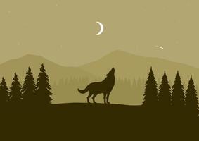 silhouet van een wolf in de Woud Bij nacht met de halve maan maan. vector illustratie