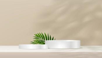 modern achtergrond stap podium met kokosnoot palm bladeren Aan beige muur, 3d Scherm met bedekking licht van takken blad Aan cement muur, vector Product achtergrond voor lente zomer biologisch presentatie