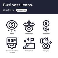 bedrijf pictogrammen reeks met schets stijl met visie, kans, investering, sop, prestatie, geld zak vector