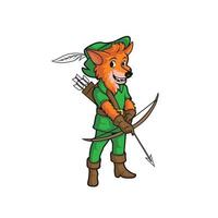 een tekenfilm karakter vos gekleed net zo een boogschutter met hoed en boog en pijl logo vector illustratie