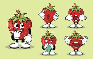 schattig aardbei fruit mascotte met divers soorten van uitdrukkingen reeks verzameling vector