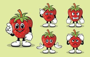 schattig aardbei fruit mascotte met divers soorten van uitdrukkingen reeks verzameling vector