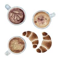 waterverf hand- getrokken samenstelling met capuccino porselein en goud koffie kopjes, croissantjes. geïsoleerd Aan wit achtergrond. voor uitnodigingen, cafe, restaurant voedsel menu, afdrukken, website, kaarten vector