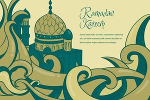 wijnoogst hand- getrokken ornament met moskee in groen ontwerp voor Ramadan kareem sjabloon vector