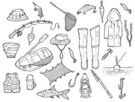 tekening visvangst set. visvangst en camping dingen in vector. hand- getrokken illustratie. vector