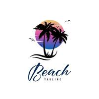logo ontwerp sjabloon, met zonsondergang keer bekeken, silhouetten van kokosnoot bomen, en golven vector
