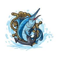 illustratie van een blauw marlijn met een schepen anker en roer. visvangst team logo. vector