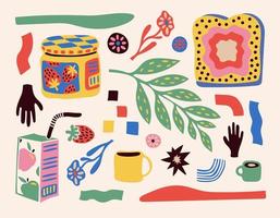 reeks van stickers met getrokken voedsel. tekening stijl. divers kleurrijk drankjes, cupcakes, donuts, fruit, koffie, fanans. hand- getrokken mode vector illustratie.